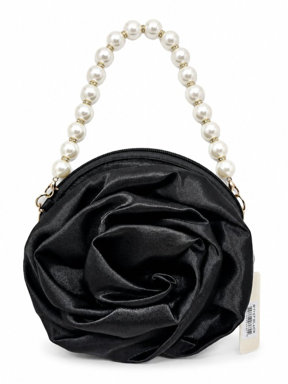 Black Satin Rose Pearl Handle Evening Bag – Removable Handle Strap Purse